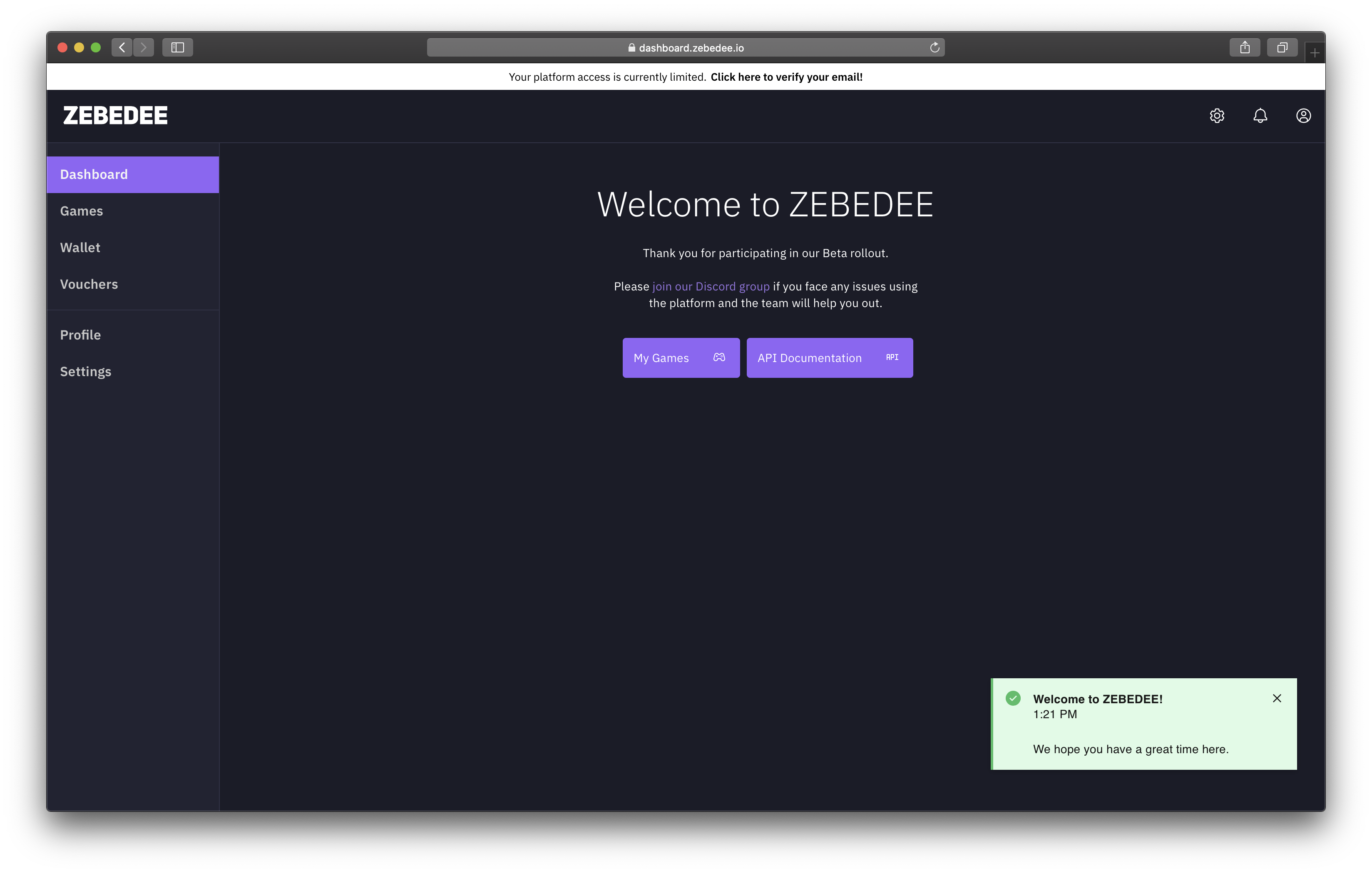ZEBEDEE Developer Dashboard | Welcome