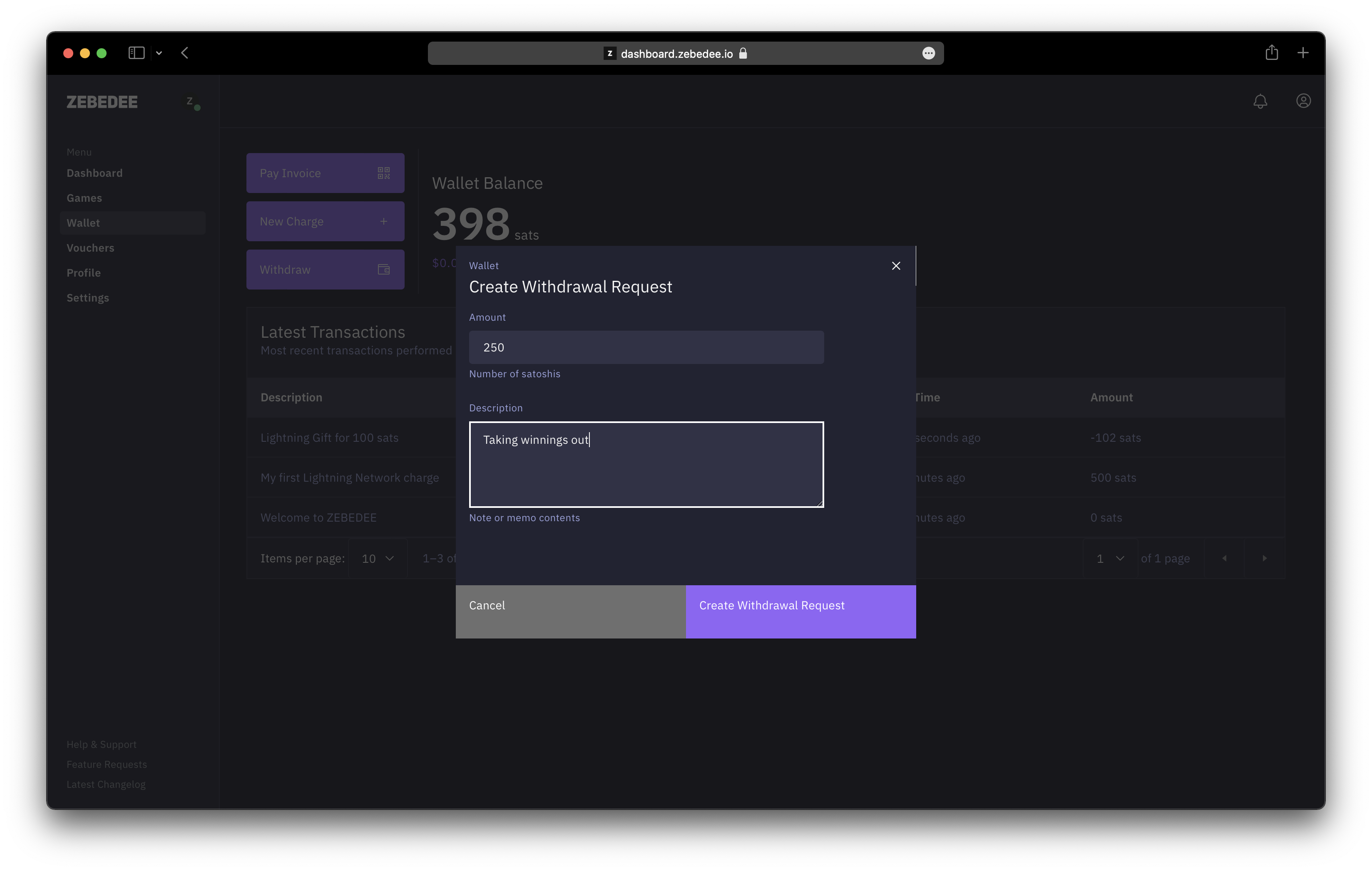 ZEBEDEE Developer Dashboard | Withdrawal Request Form