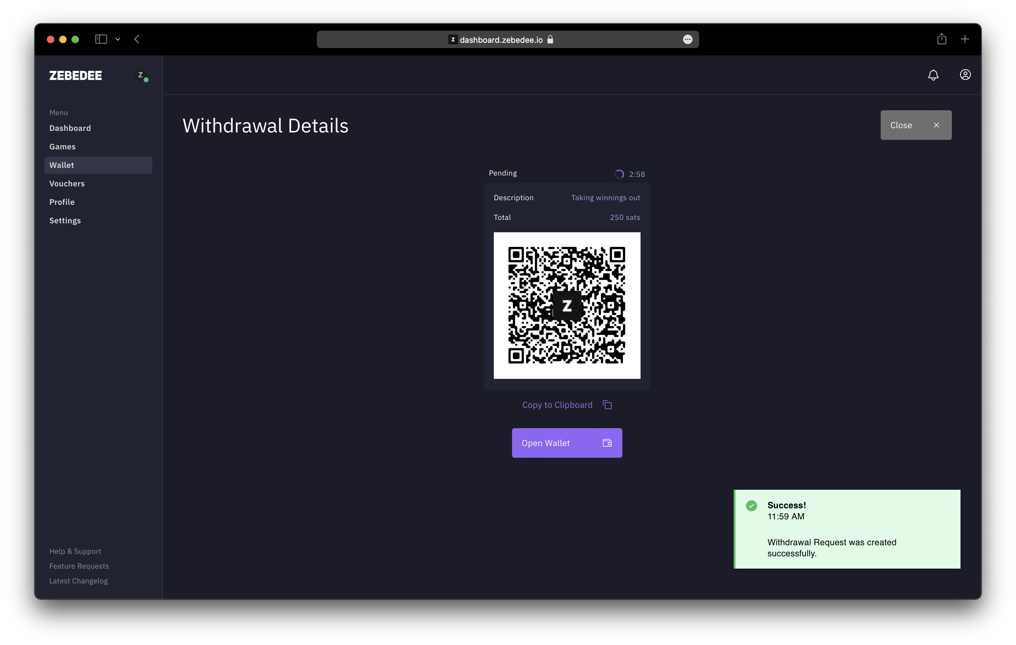 ZEBEDEE Developer Dashboard | Withdrawal Request QR Code